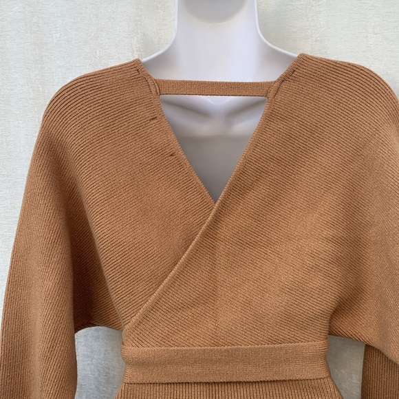 Forever 21 Tan Faux Wrap Tie Waist Knit Sweater Dress - Picture 8 of 11